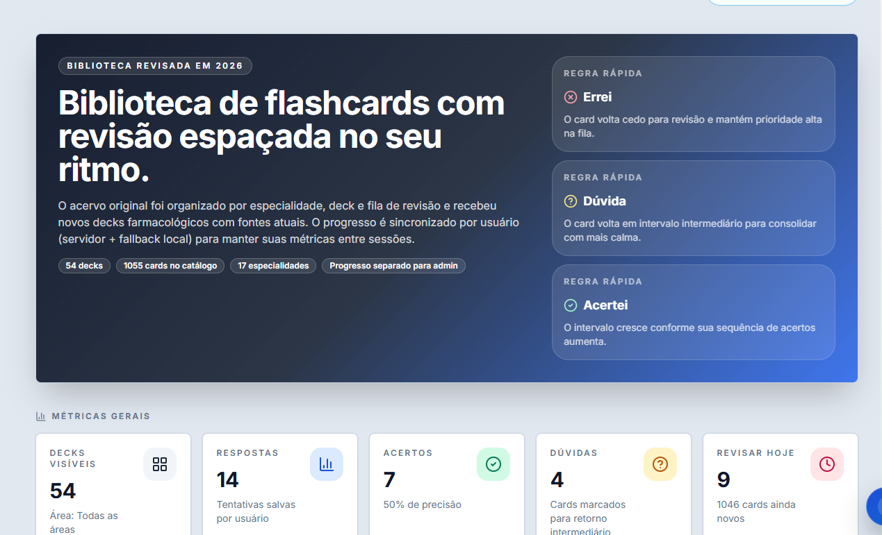 Biblioteca de flashcards do SimulaMax com decks, métricas e regras de revisão espaçada