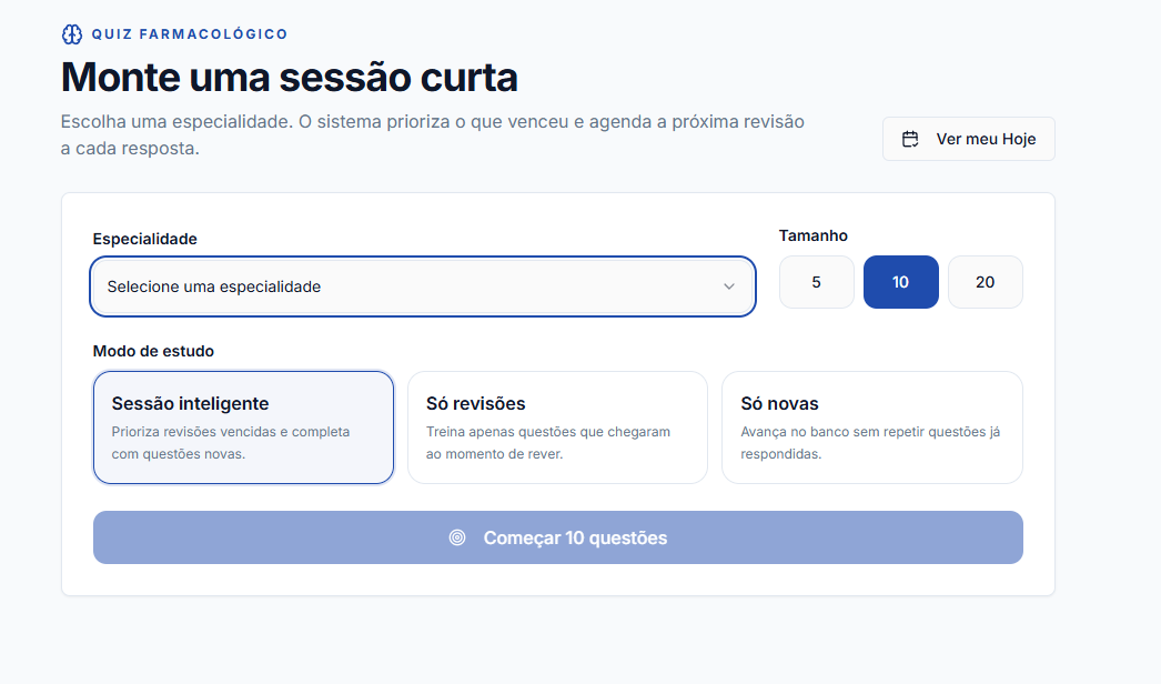 Configuração de uma sessão de flashcards por especialidade, quantidade e modo de estudo