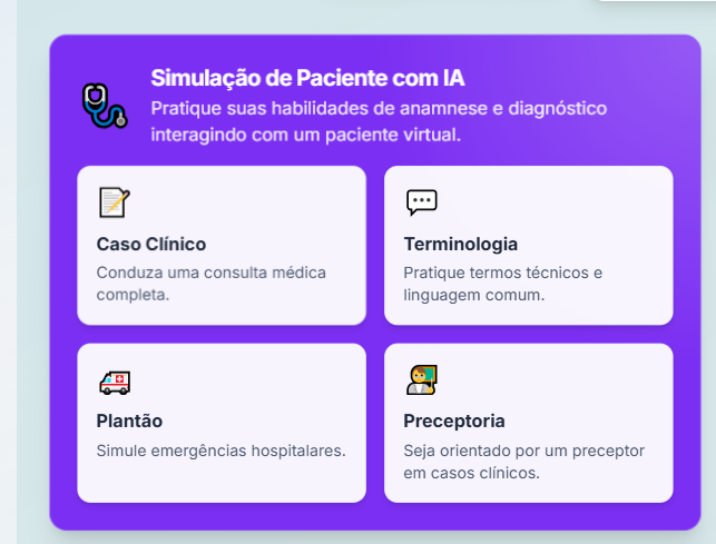 Tela do SimulaMax com as modalidades Caso Clínico, Terminologia, Plantão e Preceptoria